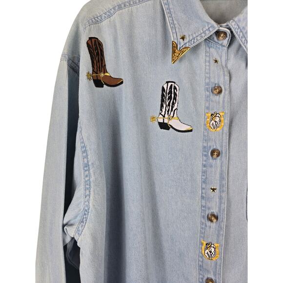 Get Lucky Boots Horse Shoes Novelty Denim Feminine Country Western Shirt L - Picture 3 of 6